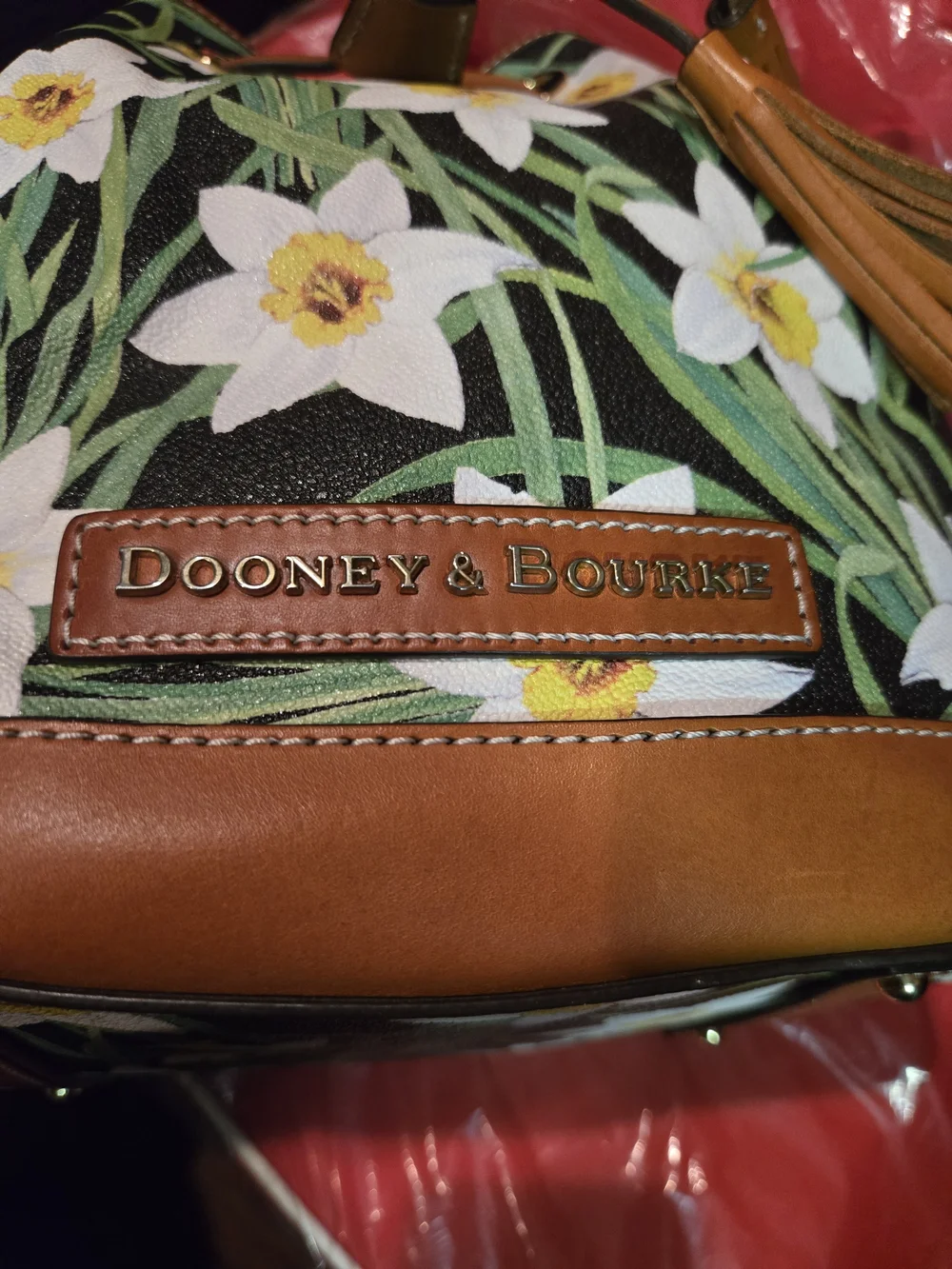 Dooney & Bourke Black Green Floral Drawstring Bucket Bag with Tan Trim. W/Pouch